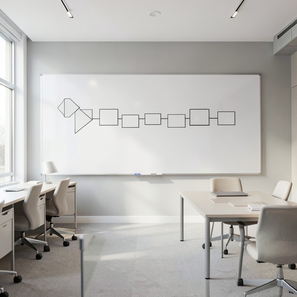 Whiteboard timeline of engagement phases in a bright meeting room