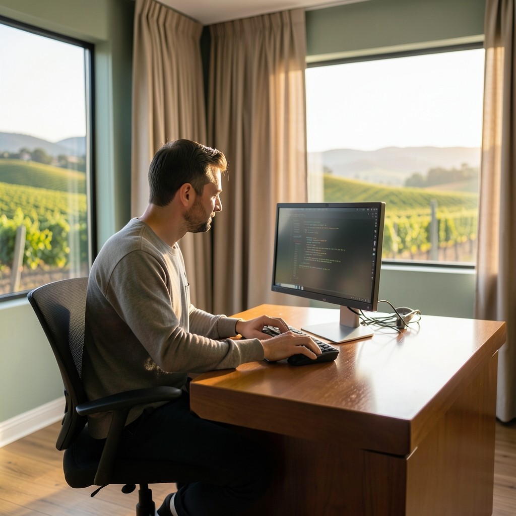 Administrator reviewing host logs at a calm workstation in soft natural light
