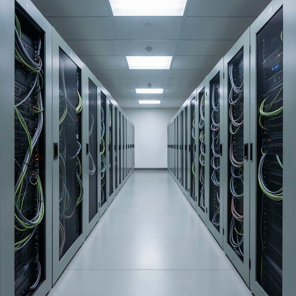 Quiet server room aisle with soft overhead lighting and organised cabling