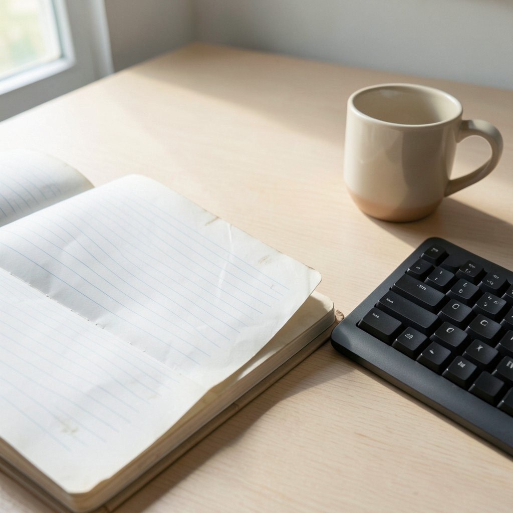 Notebook with rate notes beside a keyboard in soft daylight