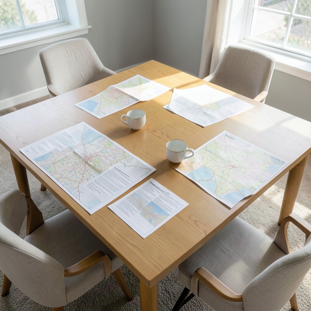 Meeting table with printed coverage map and coffee cups in a bright office